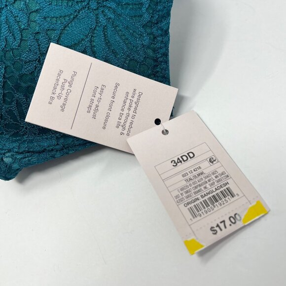 Auden Push Up Plunge Racerback Bra Size 34DD Front Clasp Teal Coverage NEW - Picture 7 of 7